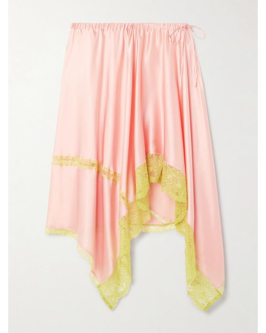 Dries Van Noten Pink Asymmetric Lace-Trimmed Silk-Blend Satin Skirt