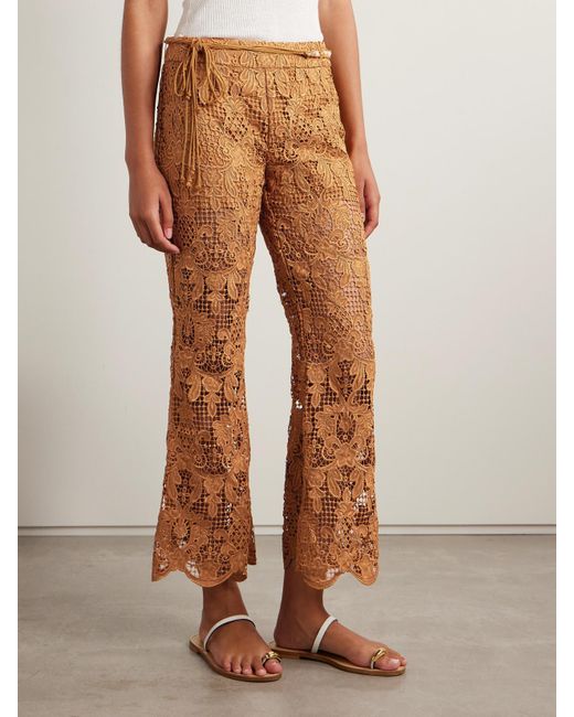 Zimmermann Brown Coco Belted Guipure Lace Cotton Flared Pants