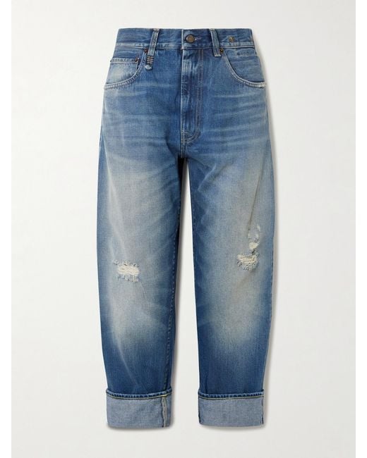 R13 Blue Cuffed X-Boyfriend Distressed Mid-Rise Wide-Leg Jeans