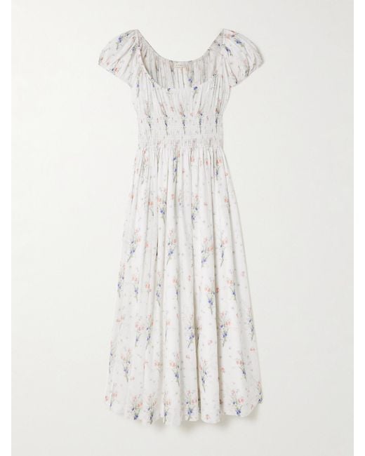 Doen White Quinley Shirred Floral-Print Organic Cotton Midi Dress
