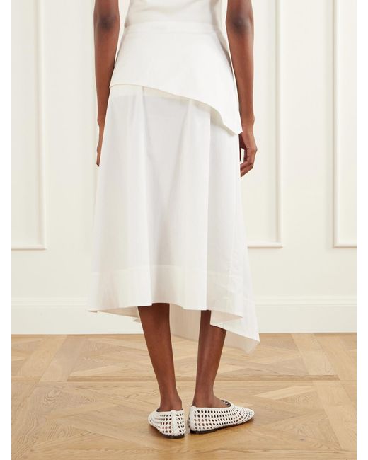 St. Agni White Belted Asymmetric Cotton-Blend Poplin Midi Skirt