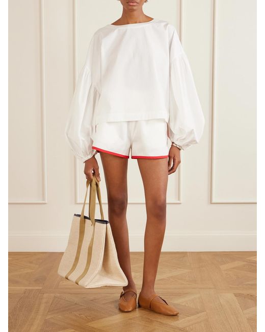 Suzie Kondi White Balon Cropped Gathered Cotton-Poplin Blouse