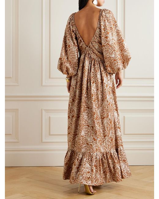 Robe Longue En Satin À Broderies Et À Fronces ‎Dima Ayad en coloris Natural