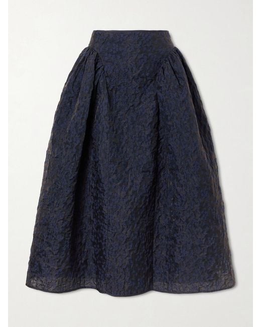 CECILIE BAHNSEN Blue Fabiola Embroidered Cotton-Blend Cloqué Midi Skirt