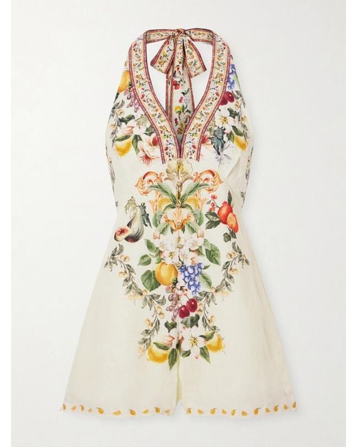 Camilla White Embellished Floral-Print Linen Playsuit