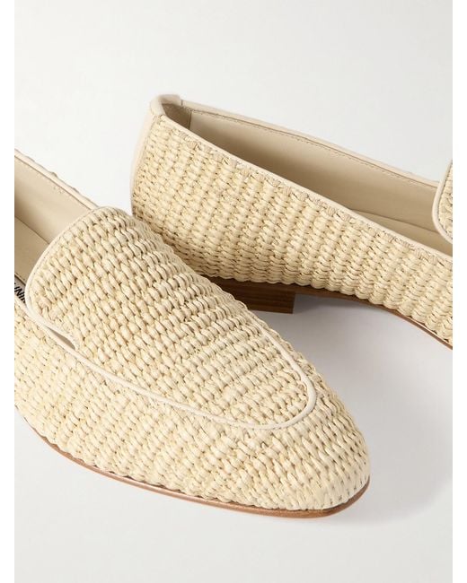 Manolo Blahnik Natural Pitakara Leather-Trimmed Raffia Loafers