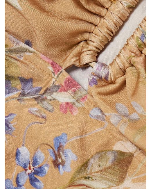 Zimmermann White Patience Ruched Floral-Print Halterneck Swimsuit