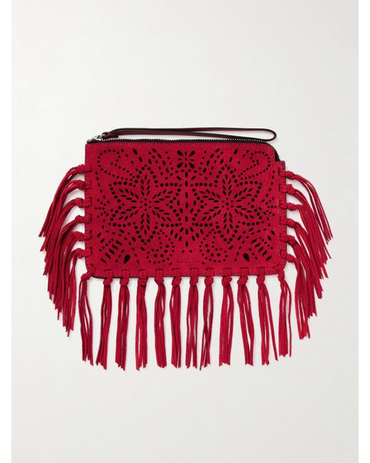 Isabel Marant Red Clutch Aus Perforiertem Veloursleder Mit Fransen