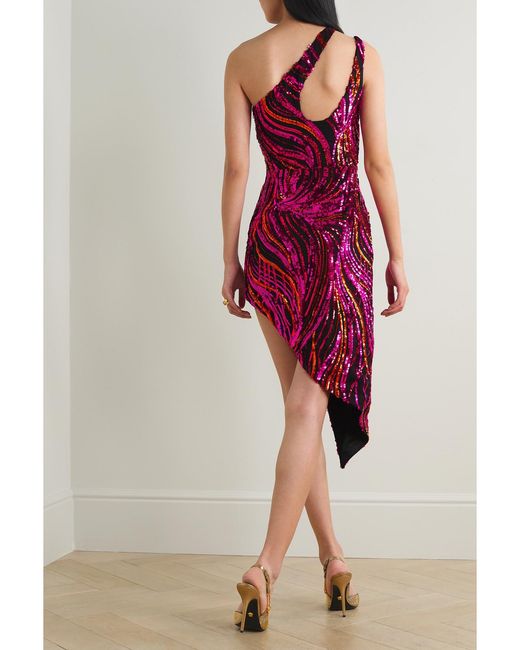 Halpern Red One-Shoulder Cutout Sequined Tulle Mini Dress