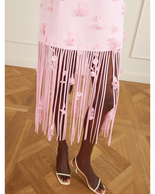 Jonathan Simkhai Pink Juliana Embellished Fringed Linen-Blend Midi Dress