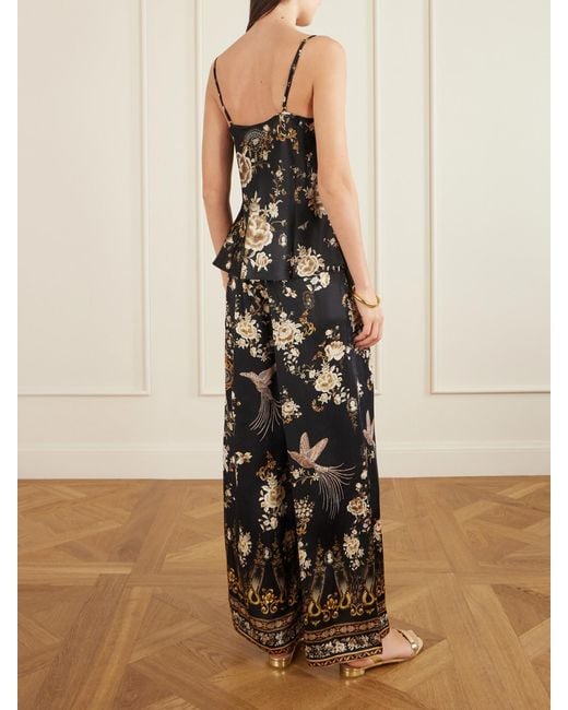 Camilla Black Asymmetric Draped Embellished Embroidered Printed Silk-Satin Top