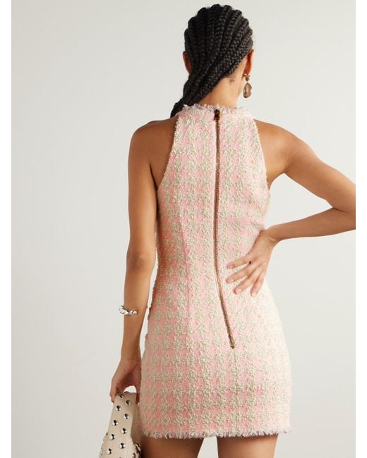 Balmain Pink Frayed Checked Tweed Mini Dress