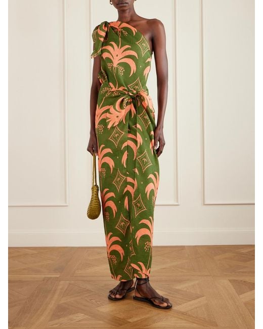 Johanna Ortiz Green Seaweed One-Shoulder Printed Linen Maxi Dress