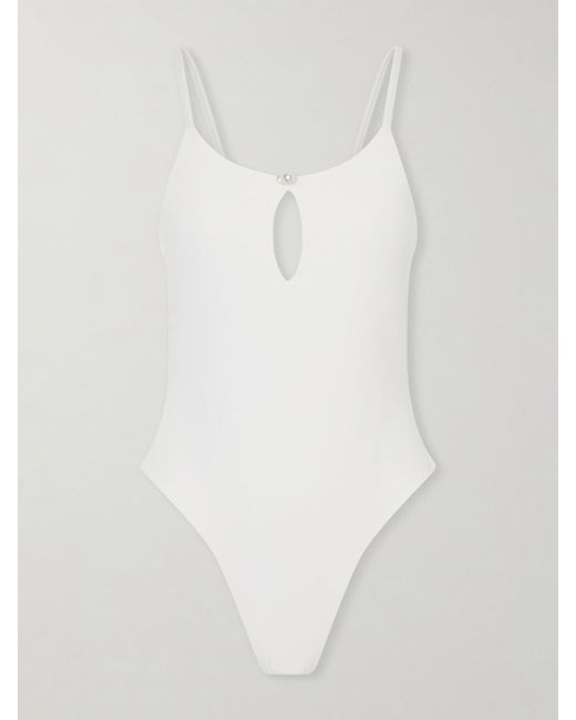 SARA CRISTINA White Pearl Cutout Ribbed Swimsuit