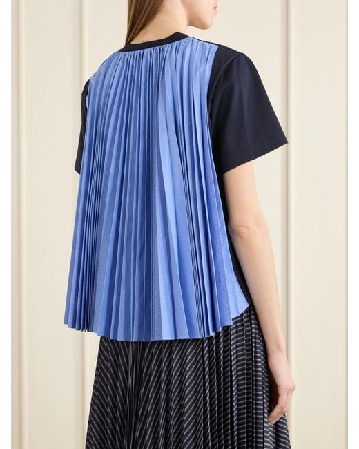 Sacai Blue Pleated Striped Cotton-Jersey And Poplin T-Shirt