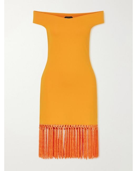 Taller Marmo Orange Romy Off-The-Shoulder Fringed Jersey Mini Dress