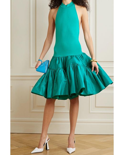 Oscar de la Renta Blue Tiered Stretch-Knit And Silk-Taffeta Halterneck Mini Dress