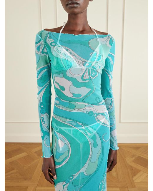 Emilio Pucci Blue Ruffled Printed Tulle Maxi Dress