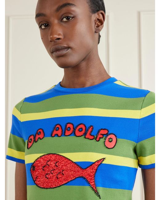 Staud Blue Da Adolfo Weekender Striped Printed Cotton-Blend T-Shirt