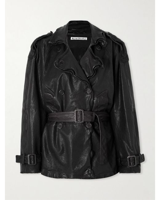 Acne Black Doppelreihige Lederjacke Mit Gürtel