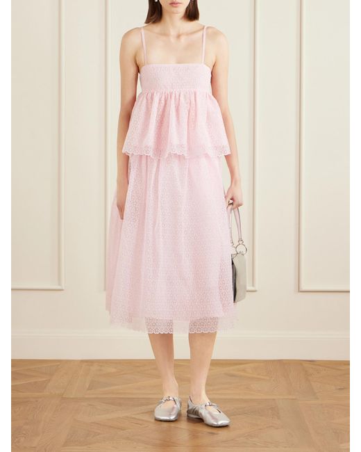 CECILIE BAHNSEN Pink Embroidered Cotton-Blend Midi Skirt