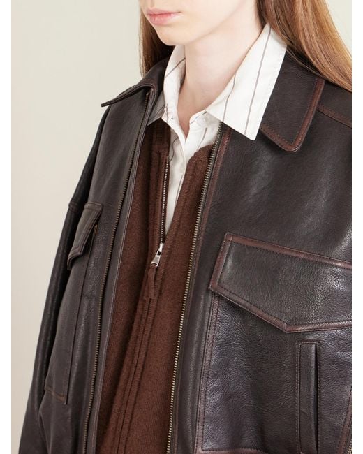 Staud Brown Eugene Oversized Textured-Leather Bomber Jacket