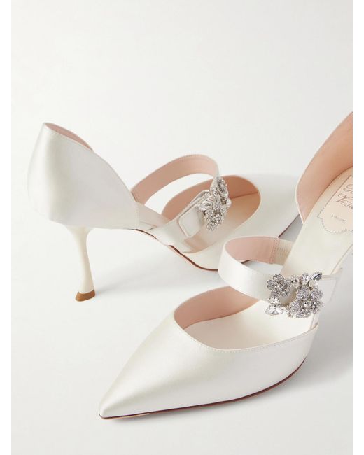 Roger Vivier White Mini Bouquet 85 Crystal-Embellished Satin Pumps