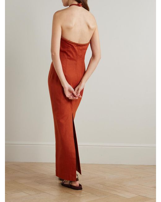 ANDRES OTALORA Red Atardeceres Cutout Embellished Halterneck Maxi Dress
