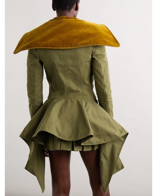 Alexander McQueen Green Asymmetric Double-Breasted Cotton-Twill And Velvet Jacket