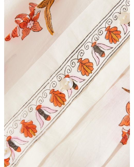 Alix Of Bohemia Natural Ryland Persimmon Cropped Pleated Floral-Print Cotton-Voile Blouse