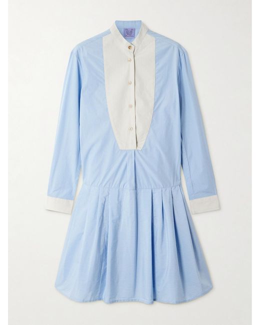 Thierry Colson Blue Lizbeth Pinstriped Cotton-Poplin Mini Dress