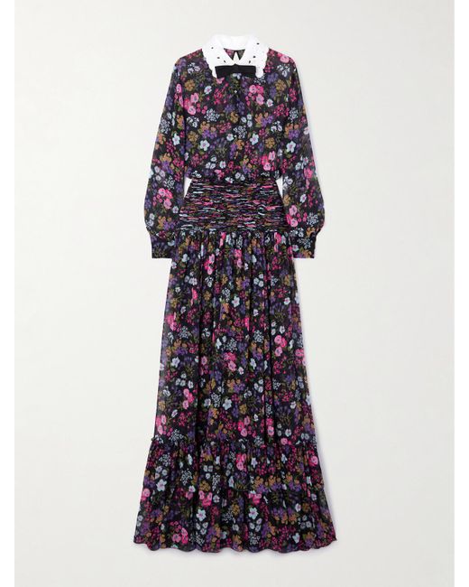 Valentino Garavani Purple Maxikleid Aus Seiden-Georgette Mit Blumenprint, Raffungen Und Besatz Mit Lochstickerei