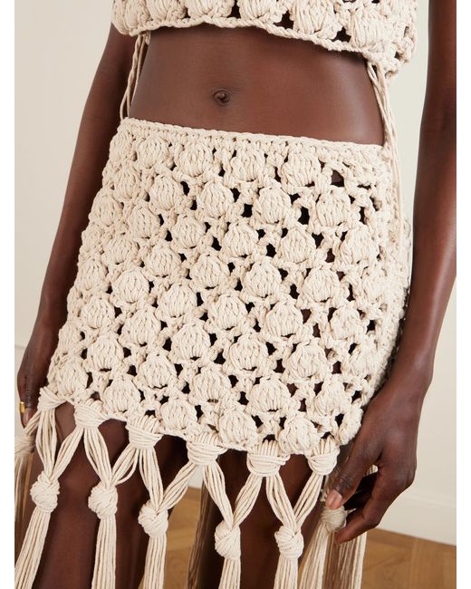 Balmain Natural Fringed Crochet-Knit Cotton Mini Skirt