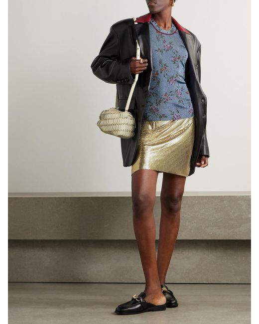 Rabanne Blue Floral-Print Metallic Knitted Tank