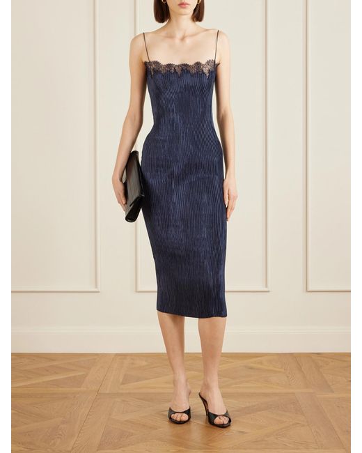 FFORME Blue Lumi Lace-Trimmed Plissé Midi Dress