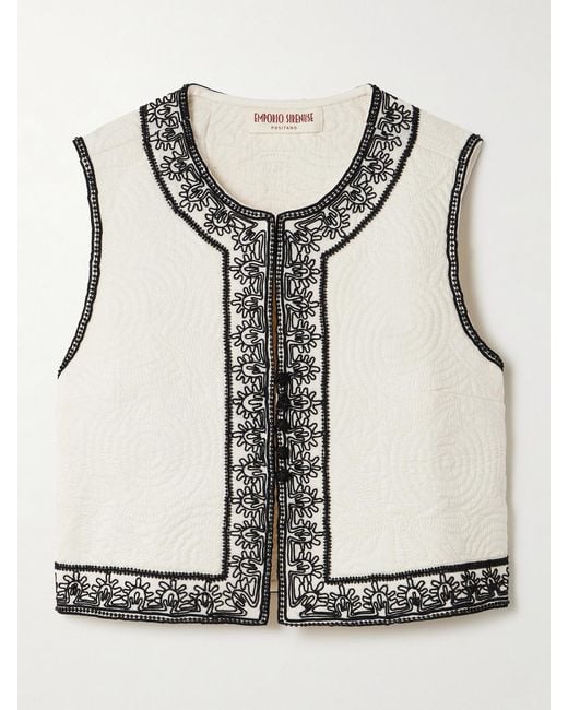 Emporio Sirenuse Natural Clara Embroidered Quilted Cotton Vest