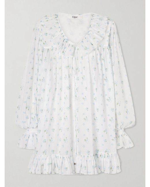 Chloé White Ruffled Floral-Print Cotton-Voile Mini Dress