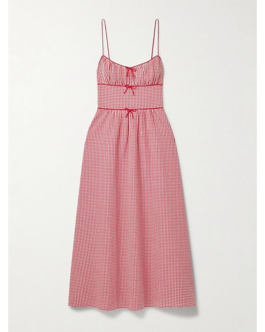 Doen Pink Belline Bow-Detailed Gingham Recycled-Seersucker Midi Dress
