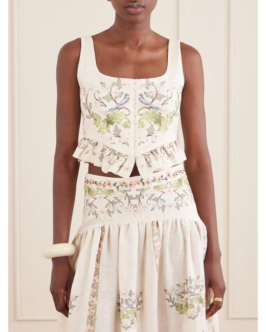 Agua Bendita Natural Eslabon Anhelo Floral-Print Button-Embellished Linen Cropped Top