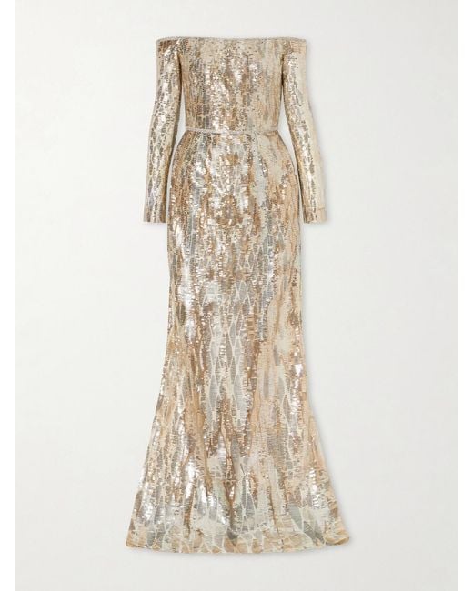 Elie Saab Natural Off-The-Shoulder Sequined Silk-Blend Gown