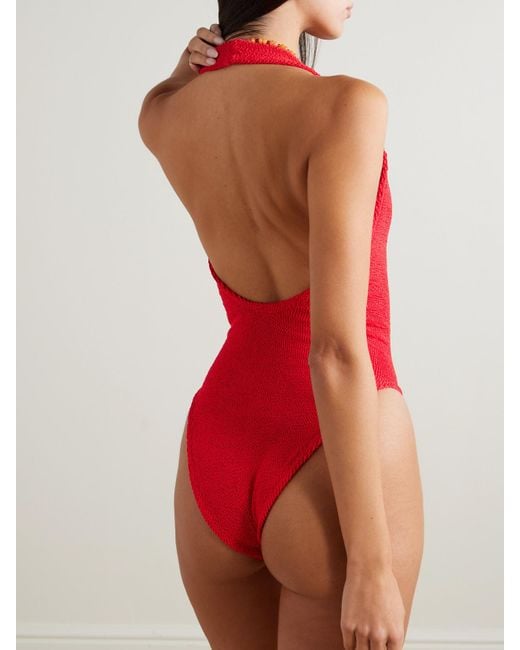 Hunza G Red Sandy Seersucker Halterneck Swimsuit