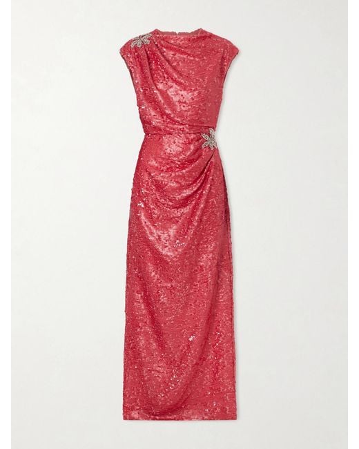 Erdem Red Draped Sequined Chiffon Gown