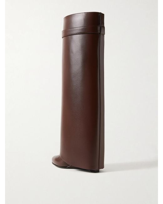 Givenchy Brown Shark Lock Embellished Glossed-Leather Knee Boots