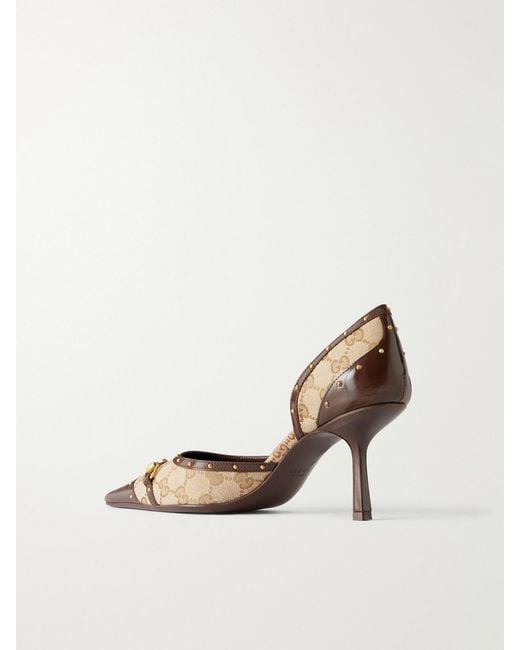 Gucci Natural Savoy Horsebit-Embellished Leather-Trimmed Canvas-Jacquard Pumps
