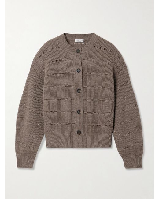 Brunello Cucinelli Brown Cardigan Aus Pointelle-Strick Mit Pailletten