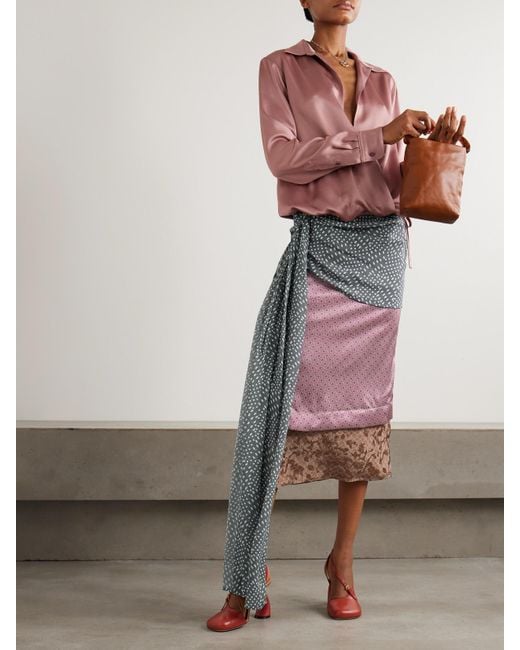 Jupe Midi En Satin Imprimé À Fronces, Drapé Et Superposition Dries Van Noten en coloris Pink