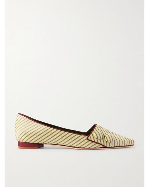 Manolo Blahnik Natural Fontenai Grosgrain-Trimmed Striped Satin Flats