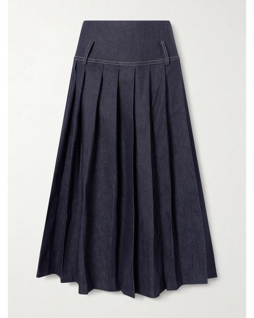 Tolu Coker Blue Pleated Denim Maxi Skirt