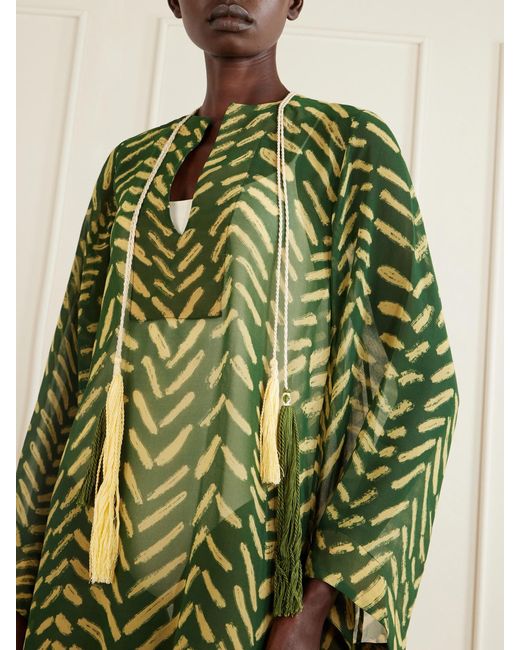 Johanna Ortiz Green Refugio De Sol Tasseled Printed Recycled Georgette Coverup
