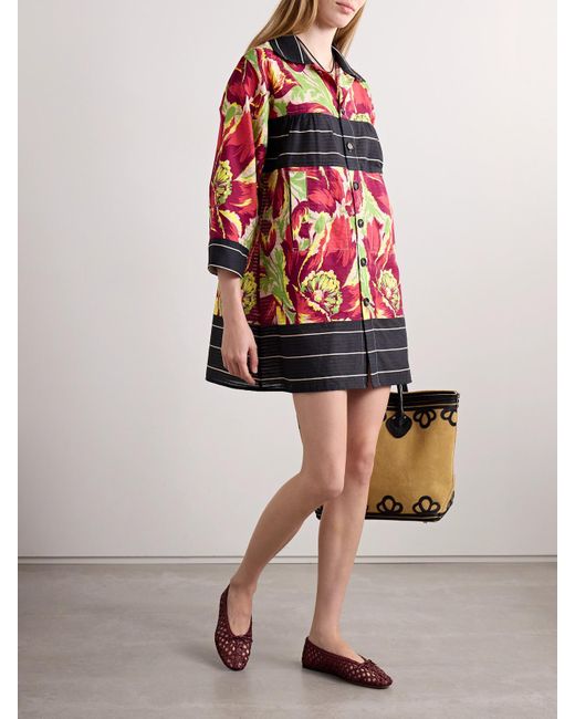 Bode Red Printed Cotton-Jacquard Mini Shirt Dress
